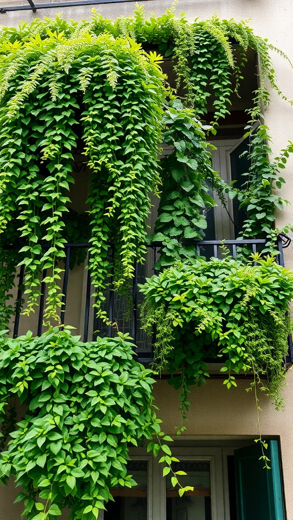 A balcony adorned with lush, cascading green plants