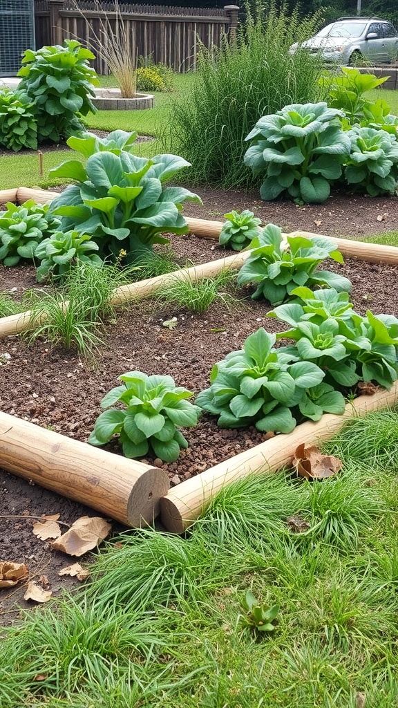 A garden with cedar log edging surrounding lush green plants.