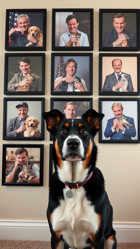 A dog sitting in front of celebrity portraits, representing the theme of celebrity male dog names.