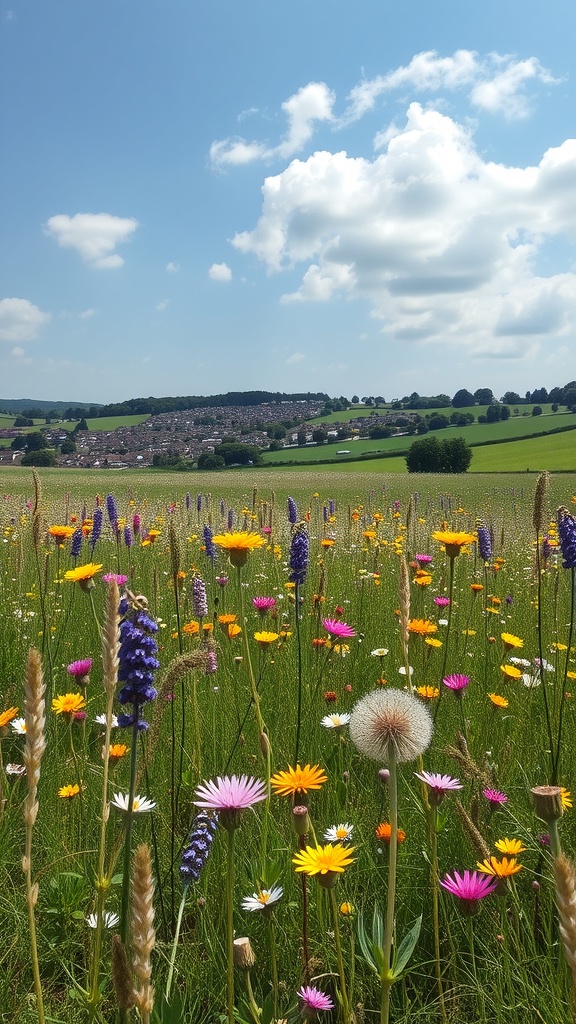A vibrant wildflower meadow with various colorful flowers and a backdrop of hills and a small town.