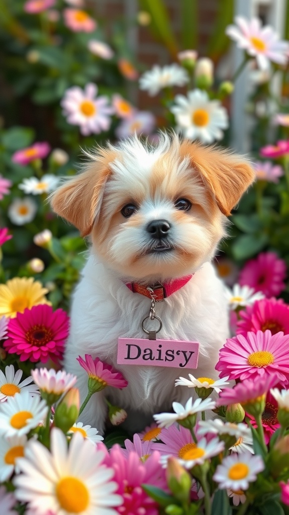 A small dog named Daisy sitting among colorful flowers.