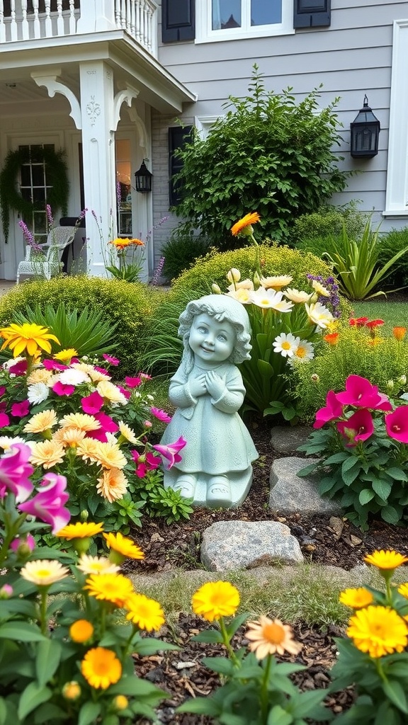 A charming garden statue of a girl surrounded by colorful flowers in a front yard.