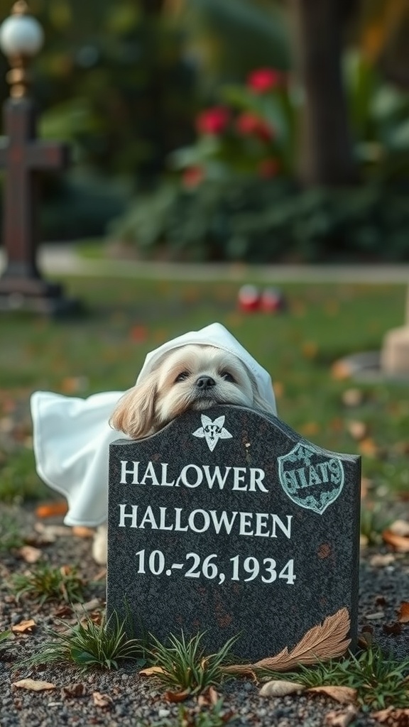 A dog in a ghost costume peeking over a gravestone with the inscription 'Halower Halloween'.