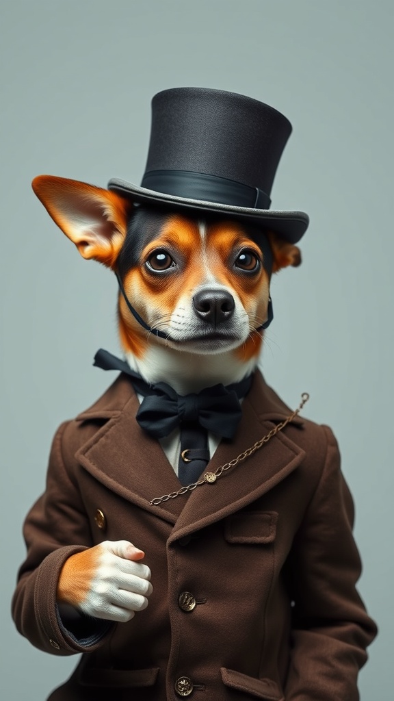 A Chihuahua dressed in a brown coat and top hat, looking like a little gentleman.