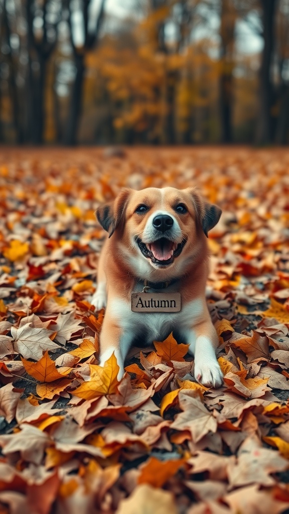 A happy dog named Autumn lying in a pile of colorful autumn leaves.