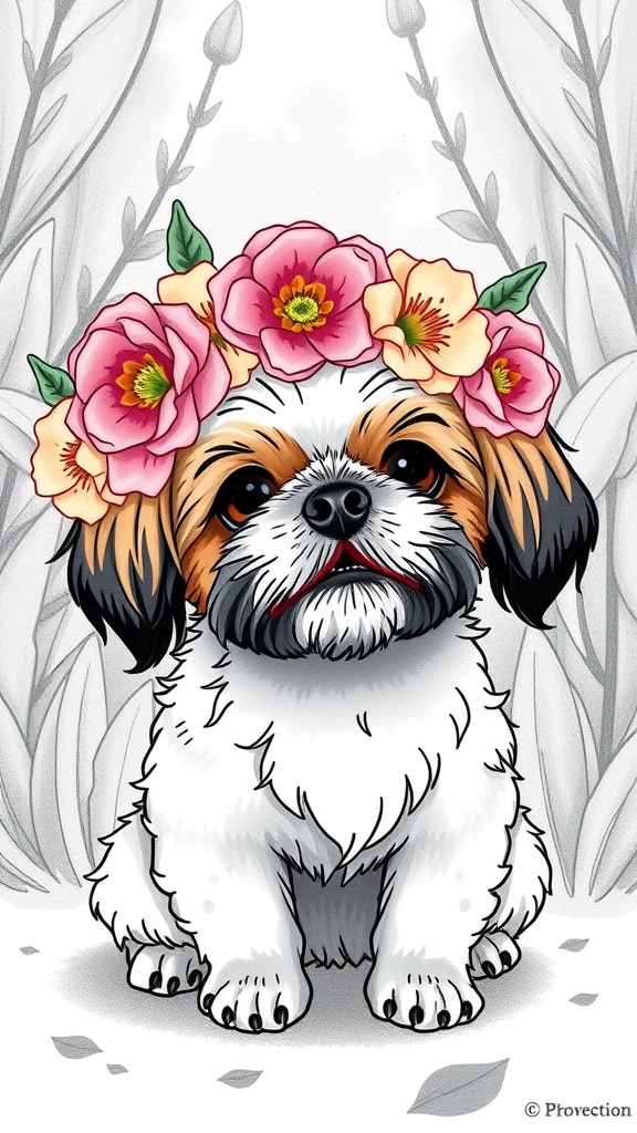 A cute Shih Tzu dog wearing a flower crown, surrounded by a soft background.