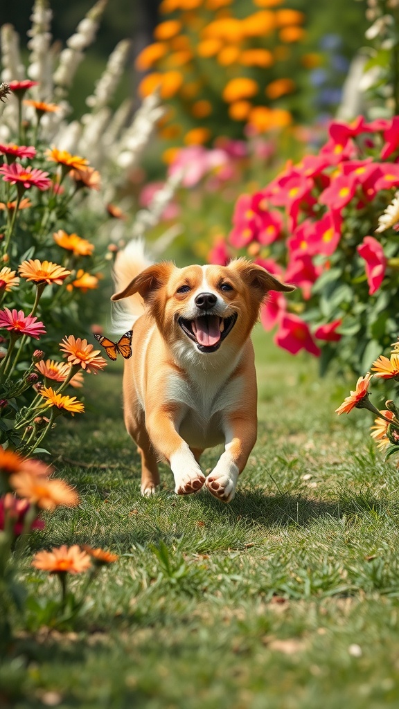 A happy dog running through a colorful flower garden.
