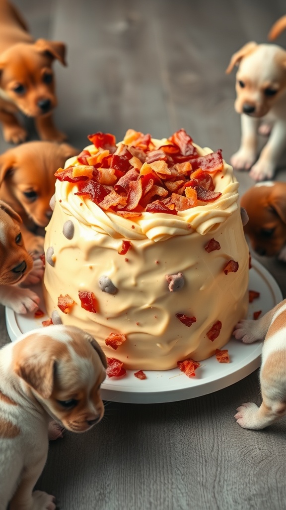 A cheesy bacon dog cake surrounded by curious puppies, showcasing a delicious treat for a dog's birthday.