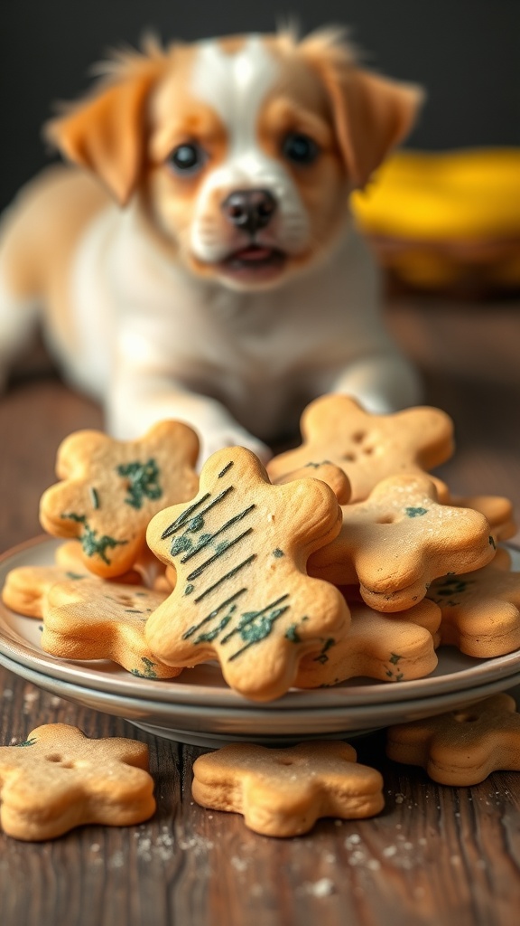 A plate of cheesy spinach dog biscuits with a puppy in the background.