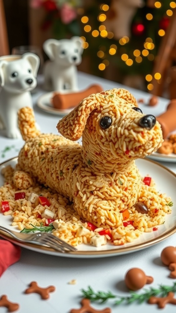 A celebration cake shaped like a dog, made from rice and chicken, surrounded by herbs and a festive setting.