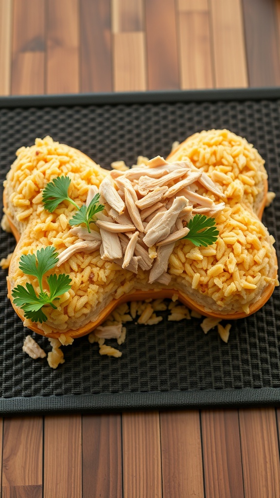 A bone-shaped dog cake made of rice and topped with shredded chicken and cilantro.