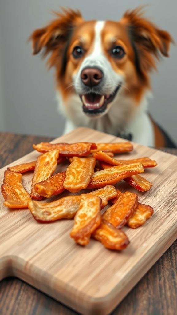 A happy dog looking at a plate of homemade chicken jerky strips on a wooden cutting board.