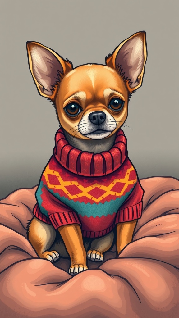A Chihuahua wearing a colorful sweater, sitting on a plush cushion.