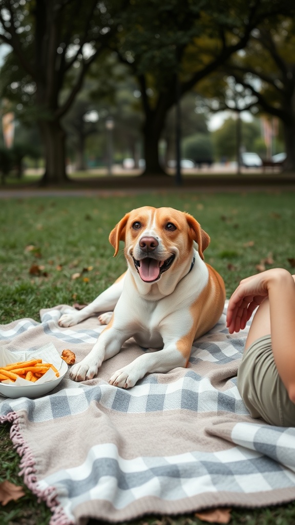 A happy dog lying on a blanket with a plate of fries nearby, enjoying a sunny day in the park.