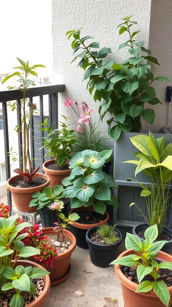 A variety of low-maintenance plants in pots on a small balcony.