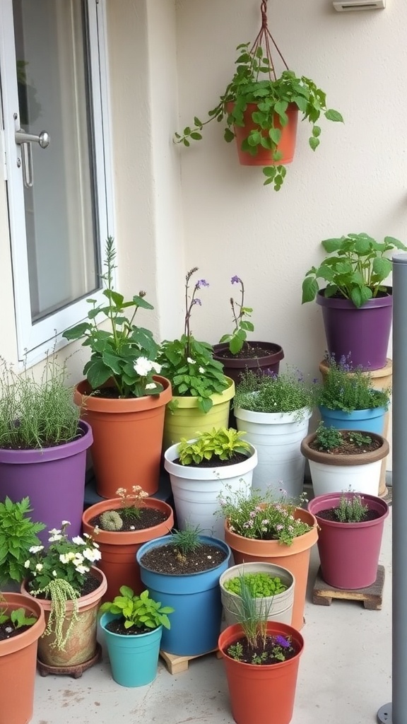 A variety of colorful pots filled with plants on a small balcony, showcasing a tiny garden.
