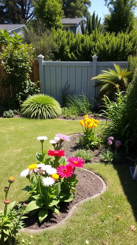 A colorful cut flower garden layout with various flowers and a fence in the background.