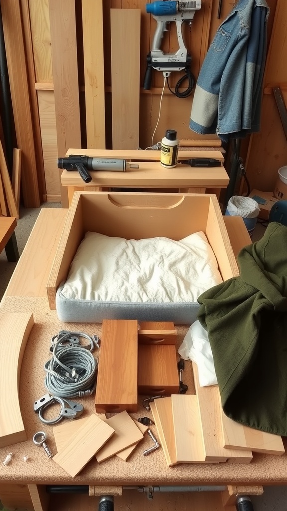 A workspace with wooden planks, tools, and a cushion for making an elevated dog bed.
