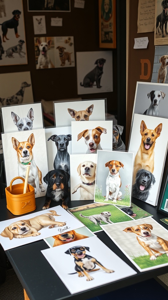 A collection of dog reference photos displayed on a table, featuring various breeds and poses.