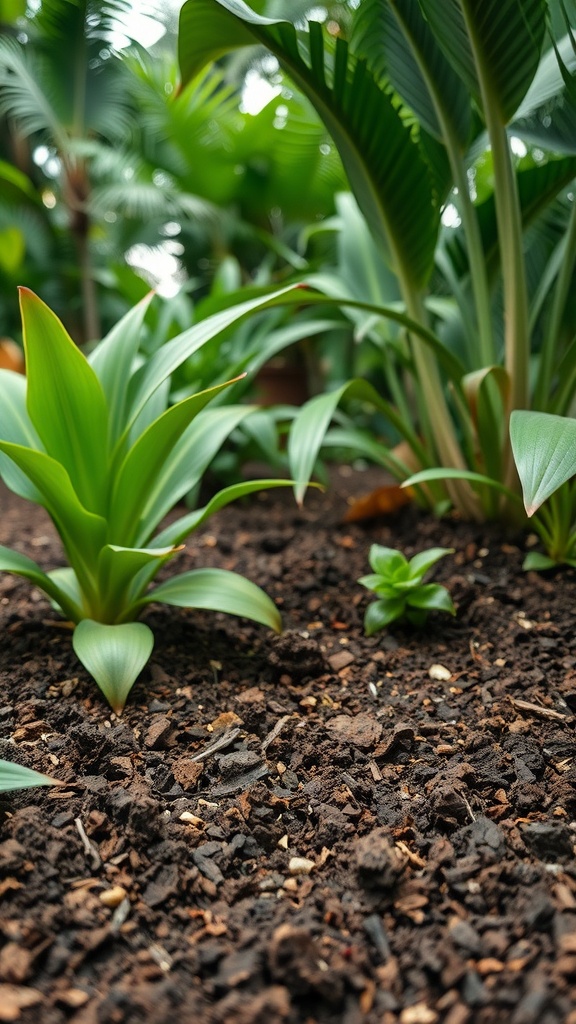 Close-up of rich soil with green tropical plants in a garden
