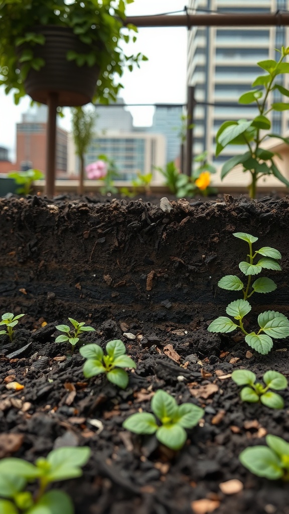 Close-up of young plants growing in dark soil on a rooftop garden.