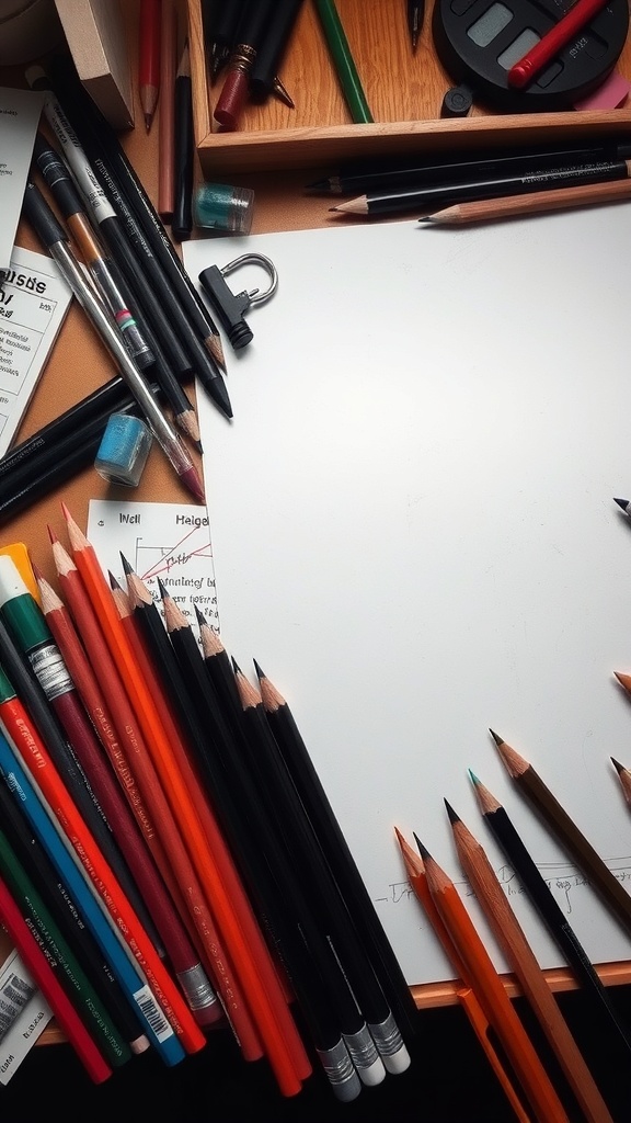 A variety of drawing tools including colored pencils, graphite pencils, and markers on a table with a blank sheet of paper.