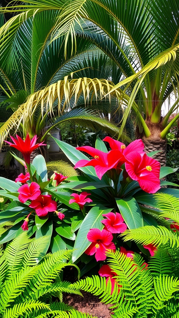 A vibrant tropical garden featuring red hibiscus flowers and lush green palm leaves.