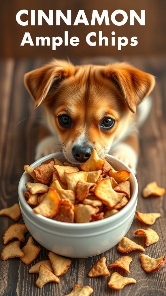 A dog looking at a bowl of cinnamon apple chips