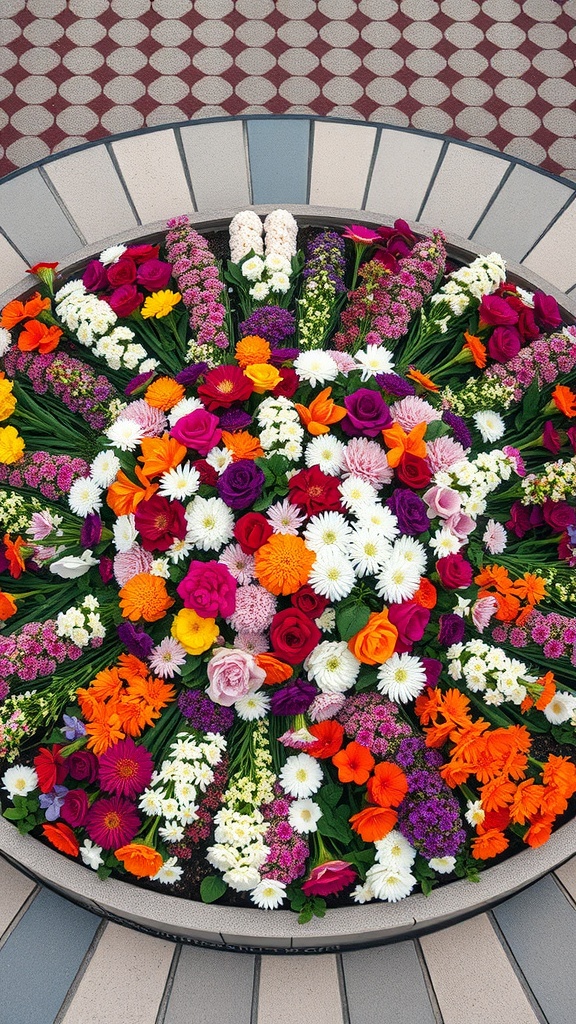 A circular flower bed filled with a variety of colorful flowers, including roses, daisies, and marigolds, arranged in a vibrant pattern.