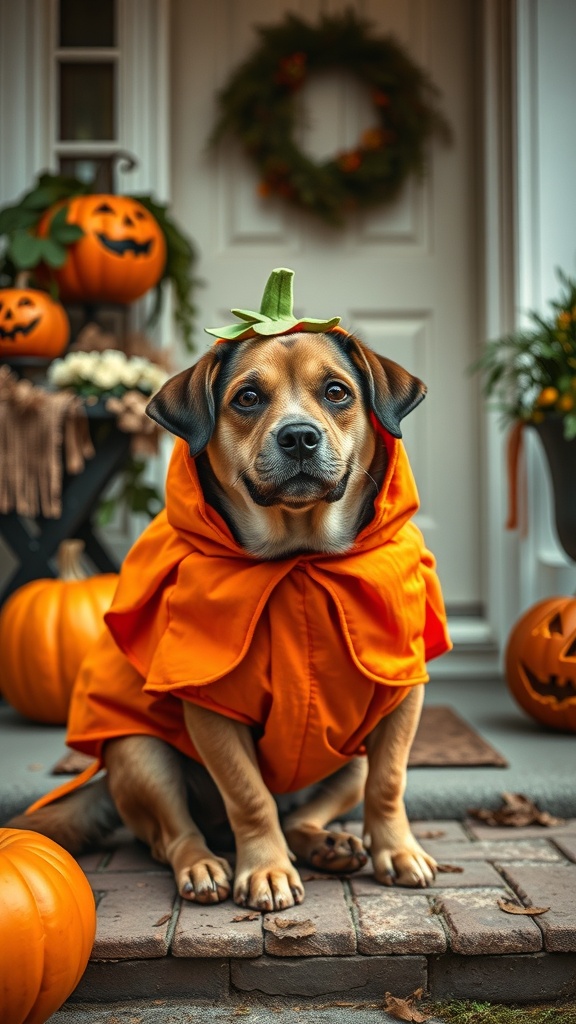 A dog in a pumpkin costume sitting on a porch with Halloween decorations.