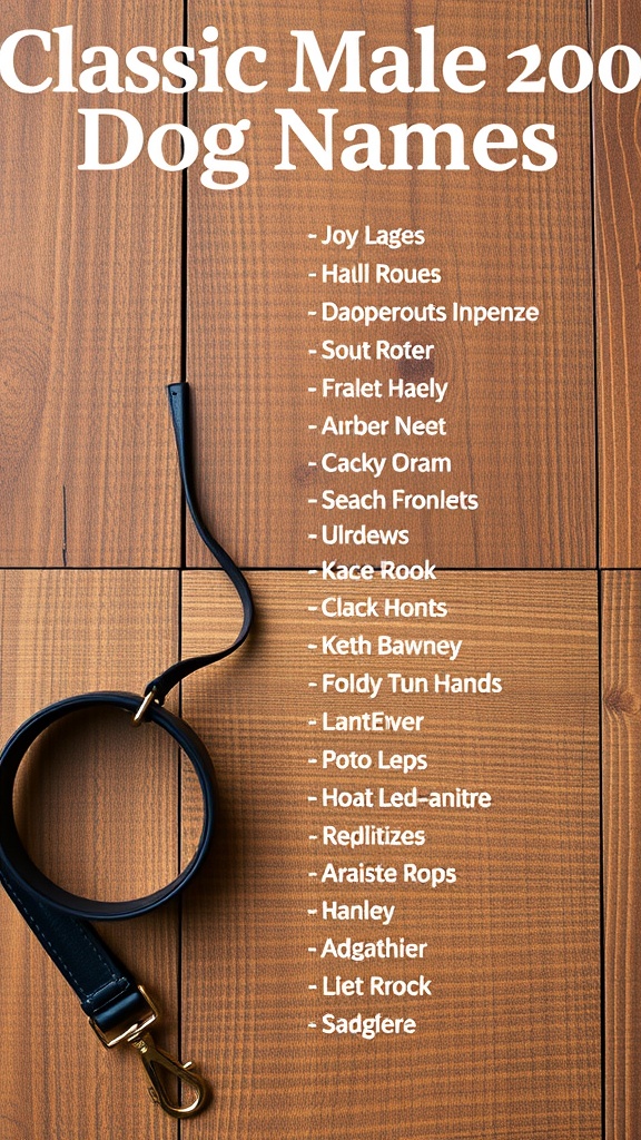 A list of classic male dog names displayed on a wooden background.