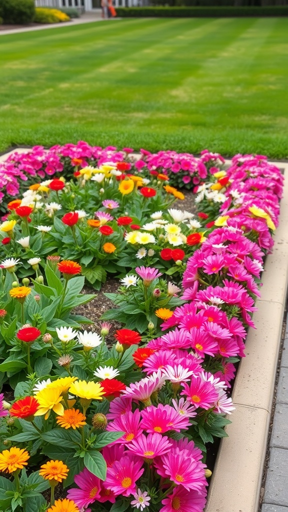 A vibrant rectangular flower bed filled with pink, yellow, and white flowers, surrounded by green grass.