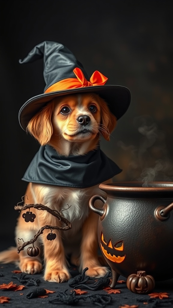 A dog dressed in a witch costume with a black hat and orange bow, sitting next to a cauldron.