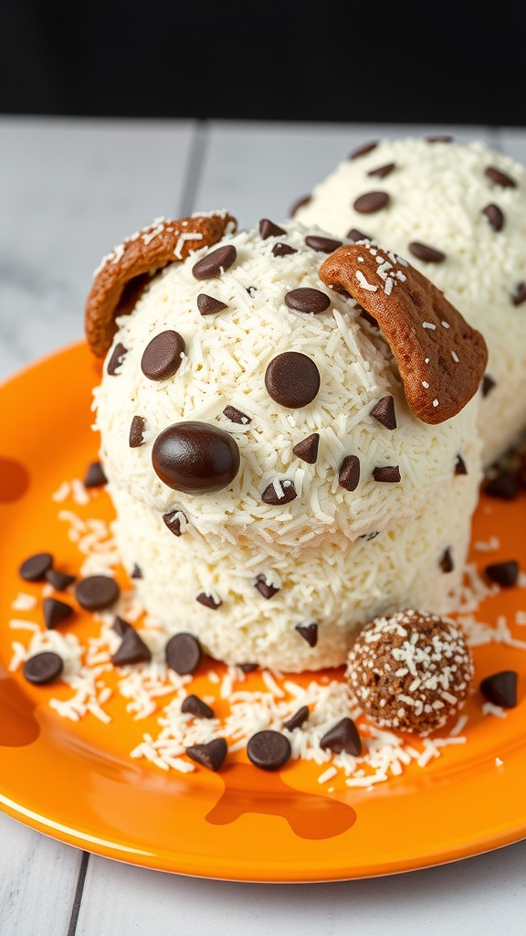 A cute dog-shaped cake decorated with coconut frosting, chocolate chips, and cookie ears on an orange plate.