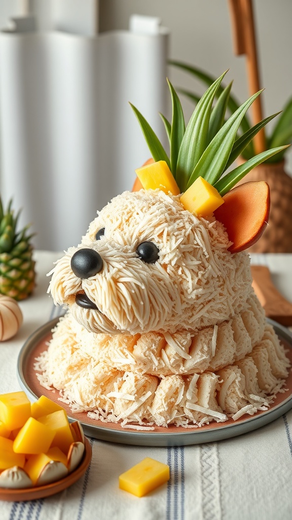 A cute dog-shaped cake made of coconut and pineapple, decorated with shredded coconut and fruit.
