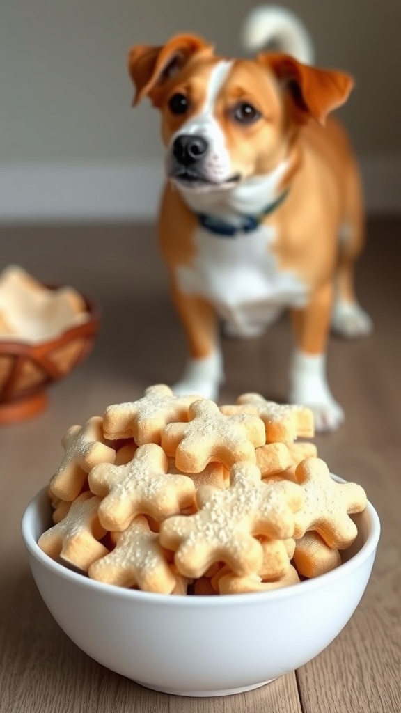A bowl of homemade coconut flour dog treats with a dog in the background.