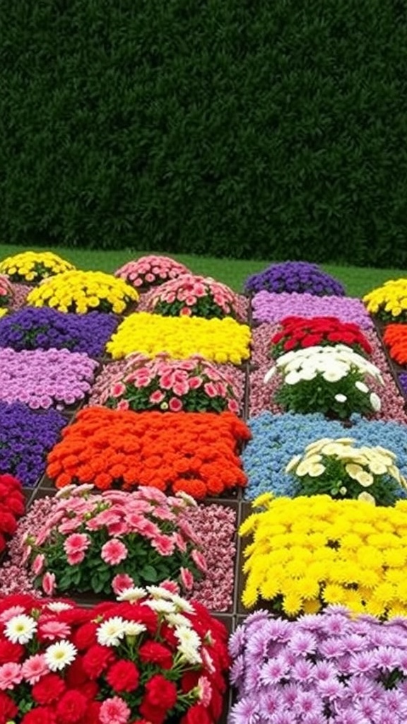 A vibrant color blocked flower bed with various flowers arranged in distinct sections.