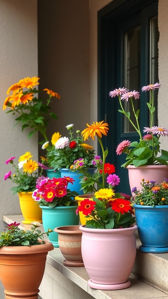 A variety of colorful ceramic pots filled with vibrant flowers on a balcony.