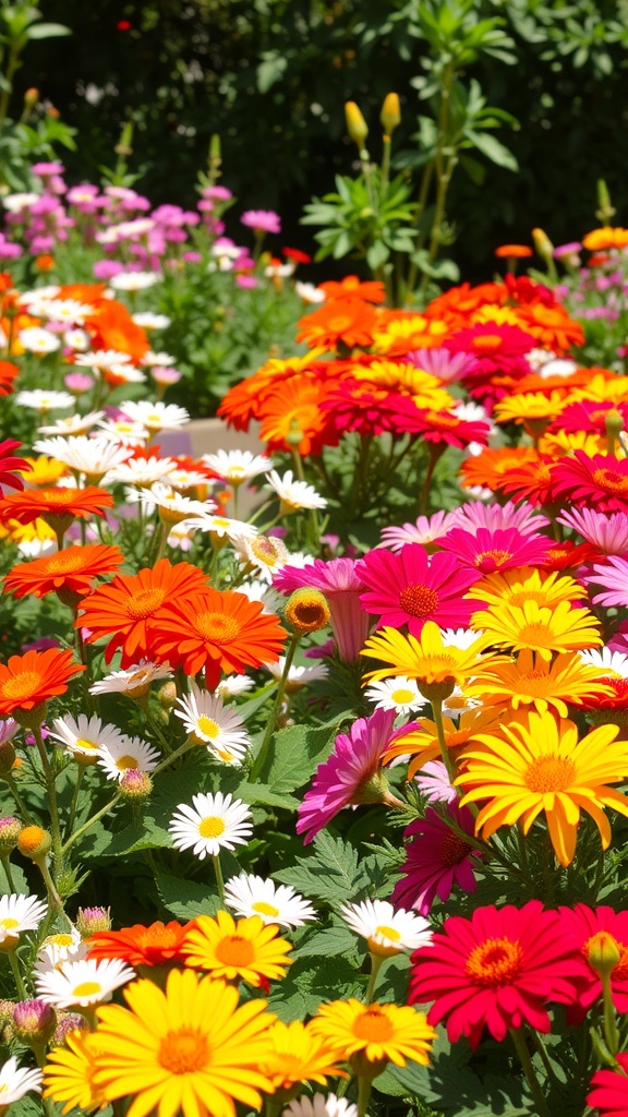 A vibrant flower bed filled with colorful daisies and gerberas in shades of orange, pink, yellow, and white.
