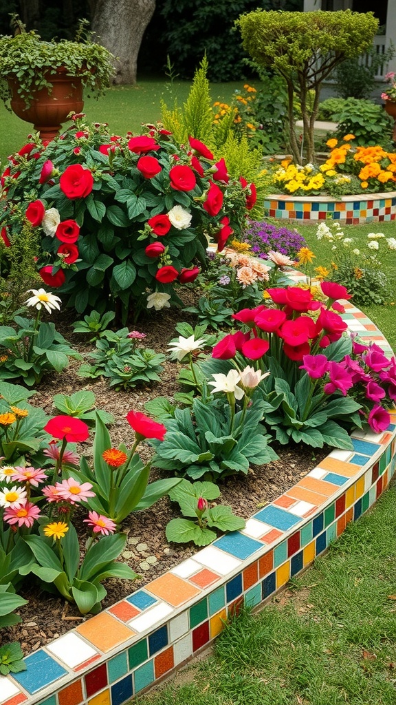 A garden with colorful mosaic edging surrounding vibrant flowers.