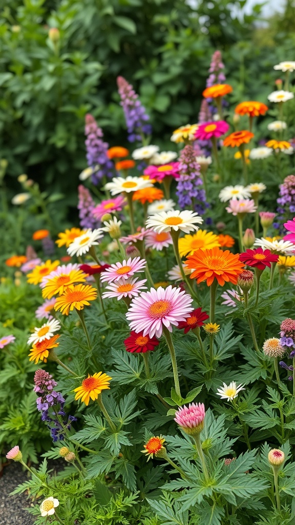A vibrant flower bed featuring a mix of colorful perennial flowers including daisies and zinnias.