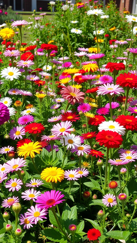 A vibrant flower bed filled with colorful perennials including red, pink, yellow, and white flowers.