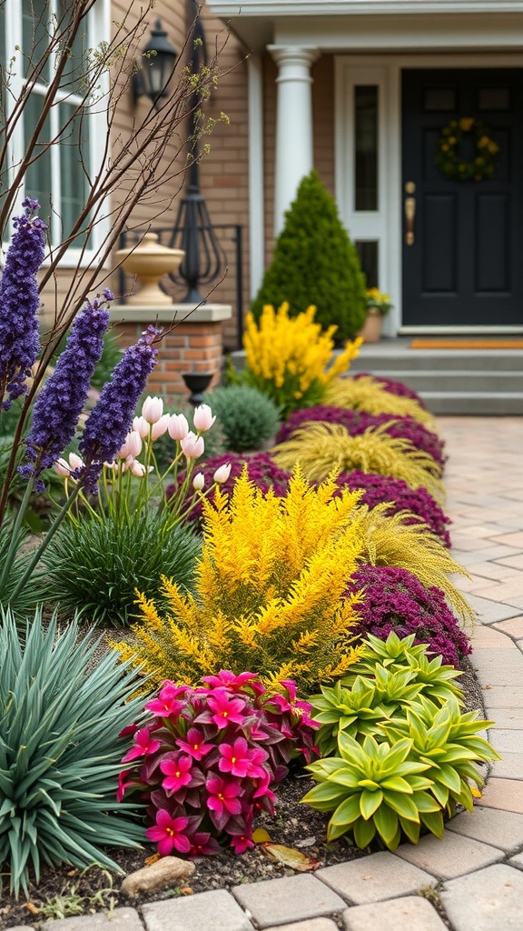 Colorful seasonal flower display in front of a house