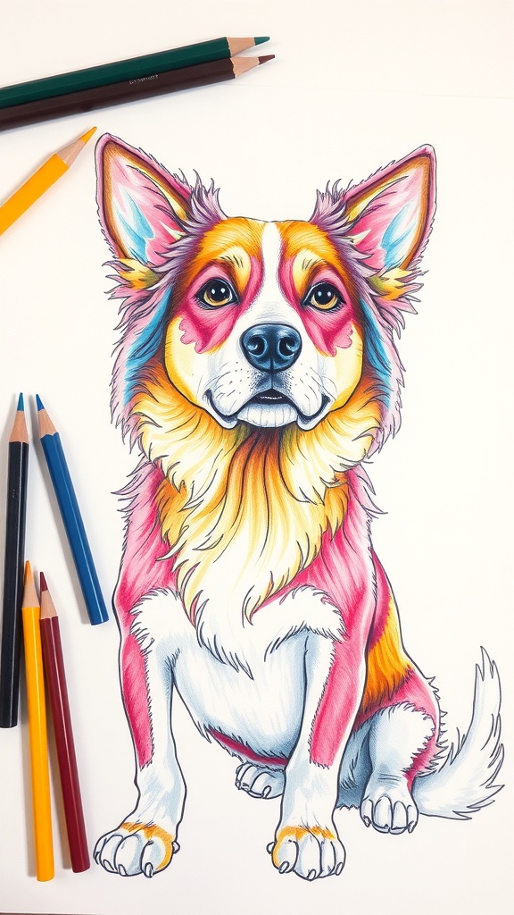 A colorful drawing of a dog with various colored pencils around it.