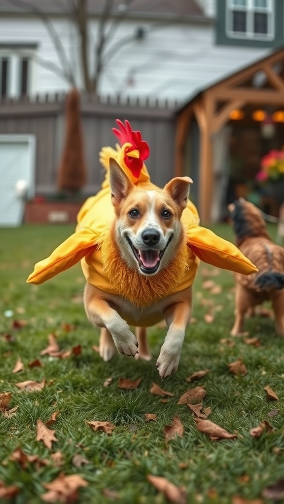 A dog dressed in a chicken costume, running happily in a yard.