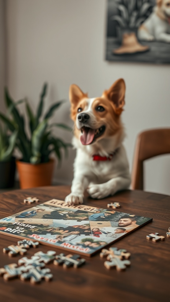 A dog sitting next to a photo puzzle on a wooden table, with a cozy indoor setting.