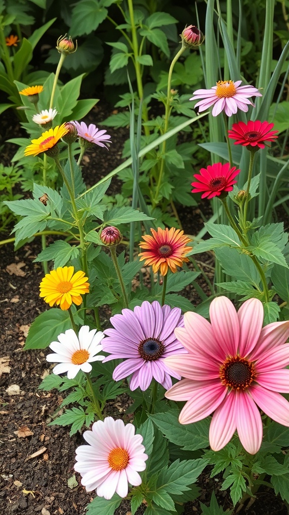 A colorful assortment of flowers in a garden, showcasing various blooms and foliage.