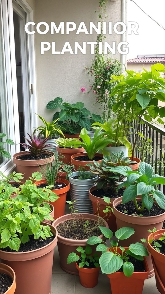 A vibrant balcony garden with various potted plants, showcasing companion planting techniques.