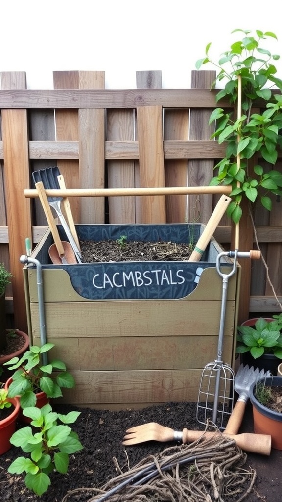 A compost bin setup with gardening tools and plants around it.