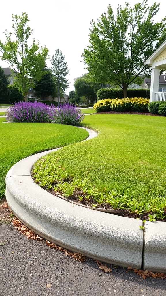 A well-maintained lawn with concrete curbing and colorful flowers
